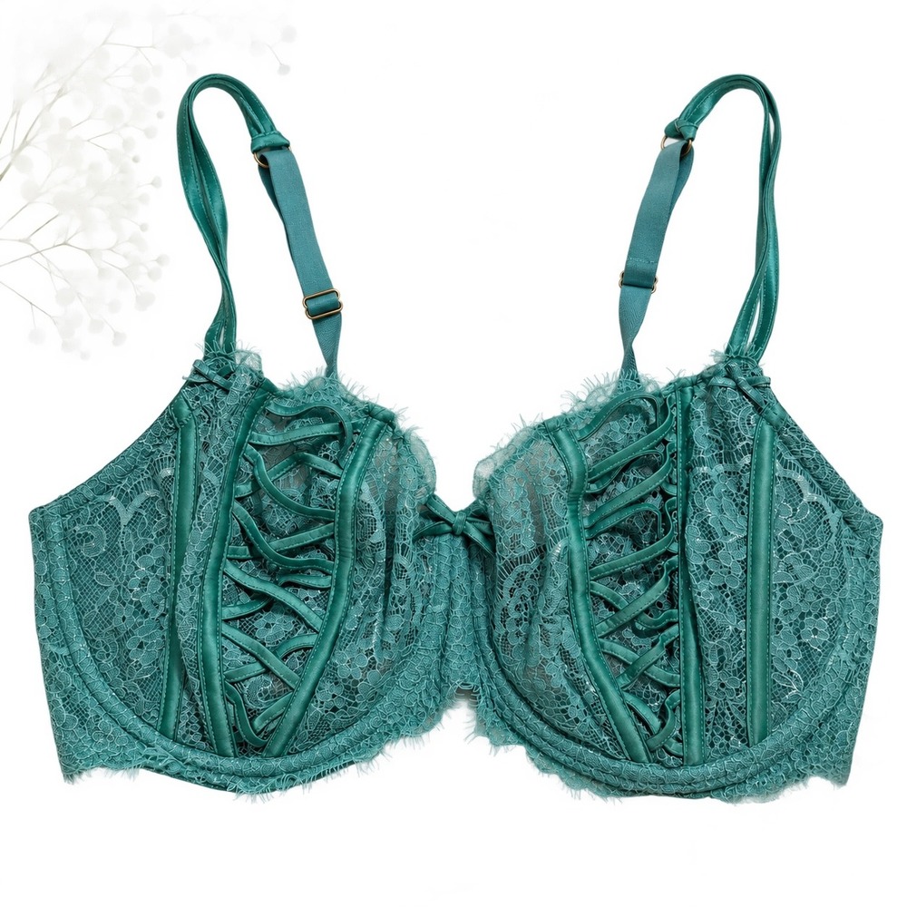 Victoria's Secret Teal Lace Corset Balconette Underwire Bra 38DD Coquette